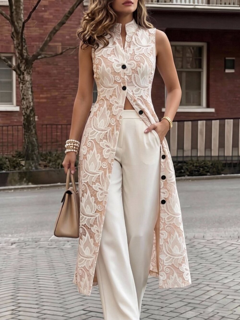 Multicolor Elegant Women's Button Up Plants Pattern Flared Long Vest